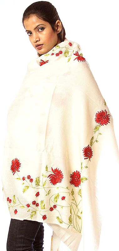 Ivory Shawl with Red Flowers and Crystals