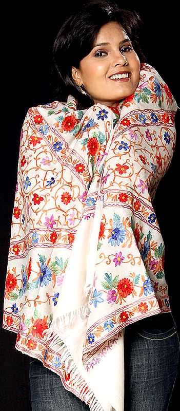 Ivory Stole from Kashmir with Multi-Color Crewel Embroidery