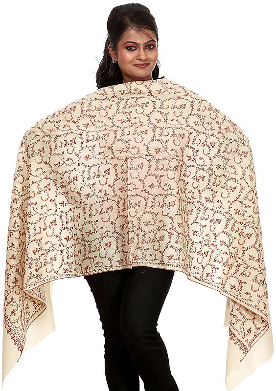 Ivory Stole from Kashmir with Sozni Embroidered Jaal by Hand