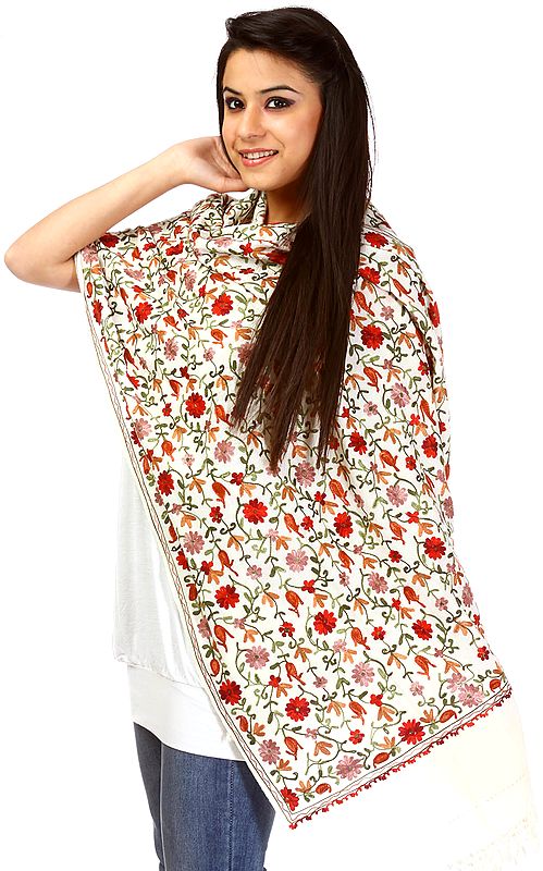 Ivory Stole with Aari Embroidered Flowers All-Over