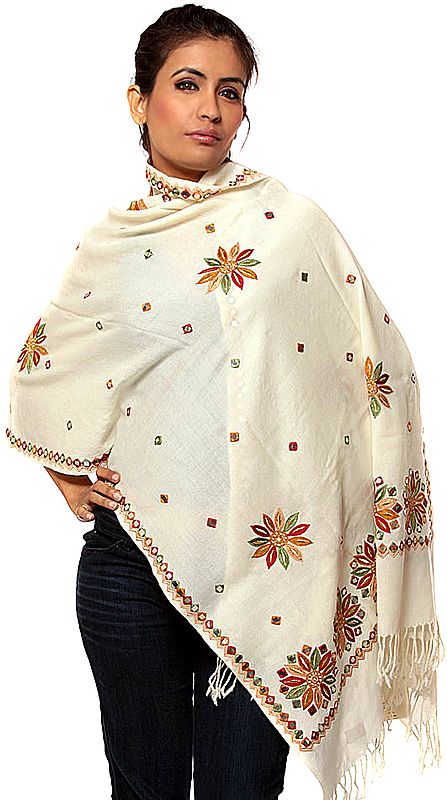 Ivory Stole with Aari Embroidered Flowers and Mirrors