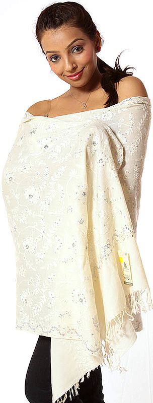 Ivory Stole with Aari Embroidery and Sequins All-Over