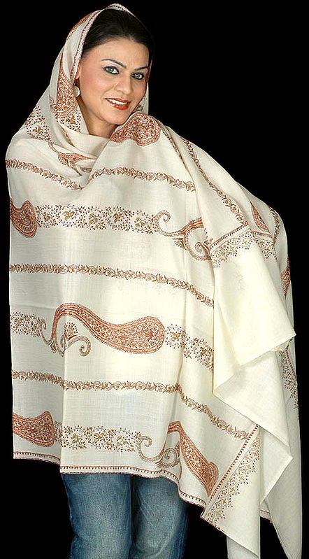 Ivory Tusha Shawl with Needle Embroidered Paisleys by Hand