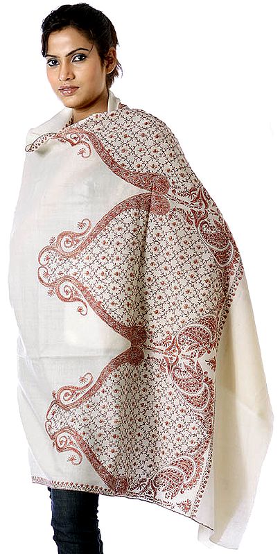 Ivory Tusha Shawl with Needle Embroidered Paisleys and Jaal on Border