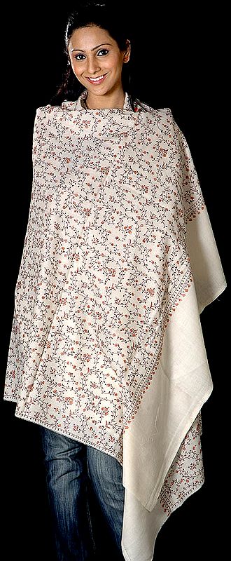 Ivory Tusha Shawl with Needle Embroidery All-Over