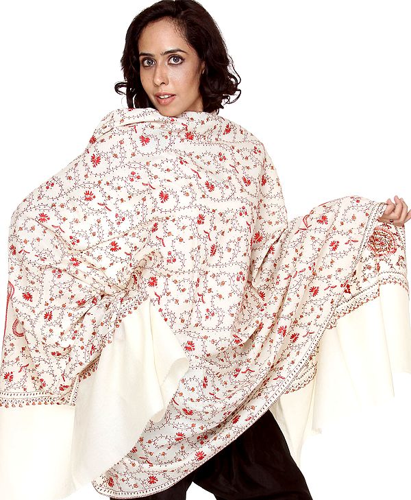Ivory Tusha Shawl with Sozni Embroidered Jaal by Hand