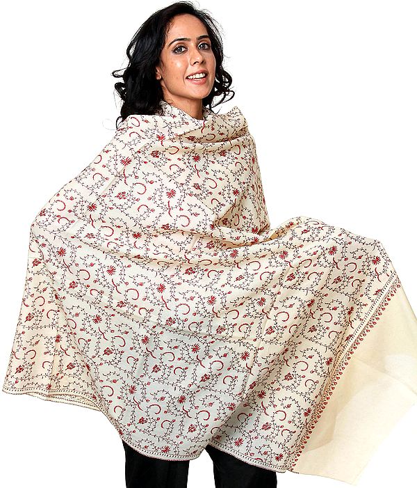 Ivory Tusha Shawl with Sozni Embroidered Jaal by Hand