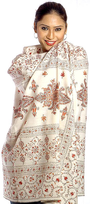 Ivory Tusha Shawl with Sozni Embroidery All-Over