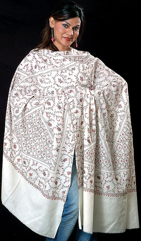 Ivory Tusha Shawl with Sozni Jaal Embroidery