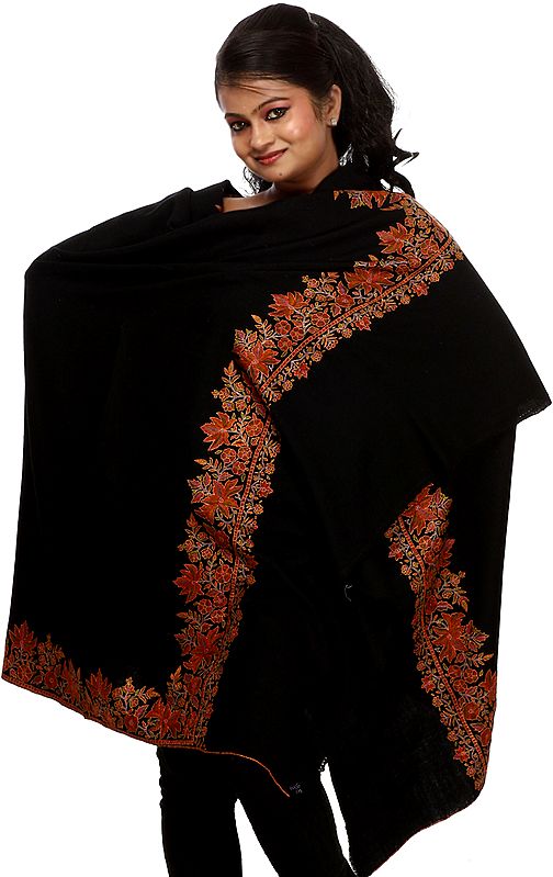 Jet Black Plain Pure Pashmina Shawl with Hand Embroidered Chinar Leaves on Border