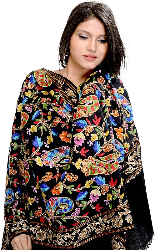 Jet-Black Cashmere Stole with Nalki-Embroidered Paisleys in Multi-Colored Thread