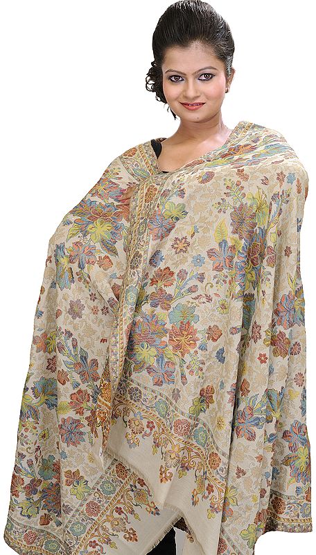 Kani Shawl with Woven Flowers in Multi-Colored Thread