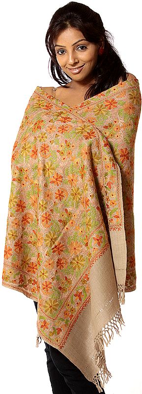 Khaki Aari Stole with Dense Floral Embroidery in Multi-Color Thread