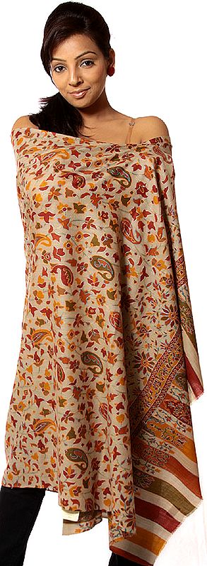 Khaki Kani Jamawar Shawl with All-Over Embroidery