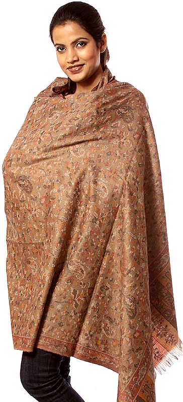 Khaki Kani Shawl with Multi-Color Woven Flowers All-Over