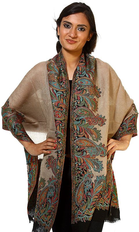 Khaki Kani Stole with Hand-Woven Paisleys and Leaves All-Over