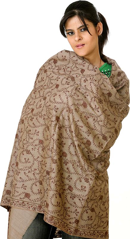 Khaki Kashmiri Shawl with All-Over Sozni Embroidery by Hand