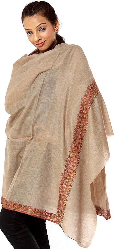 Khaki Pure Pashmina Shawl with Needle Embroidery by Hand on Borders
