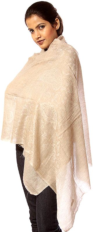 Khaki Pure Pashmina Stole as an Imitation of Shahtush with Paisleys Woven in Self, Fine Enough to Pass Through a Ring
