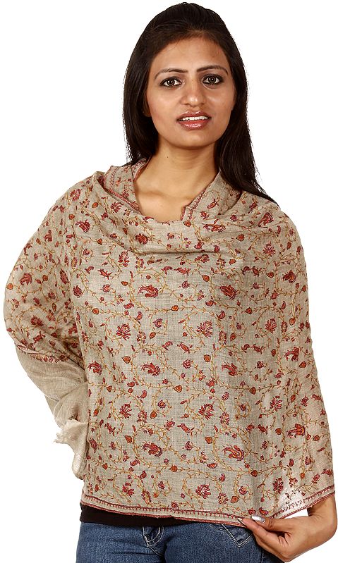 Khaki Pure Pashmina Stole from Kashmir with Sozni Embroidered Paisleys by Hand