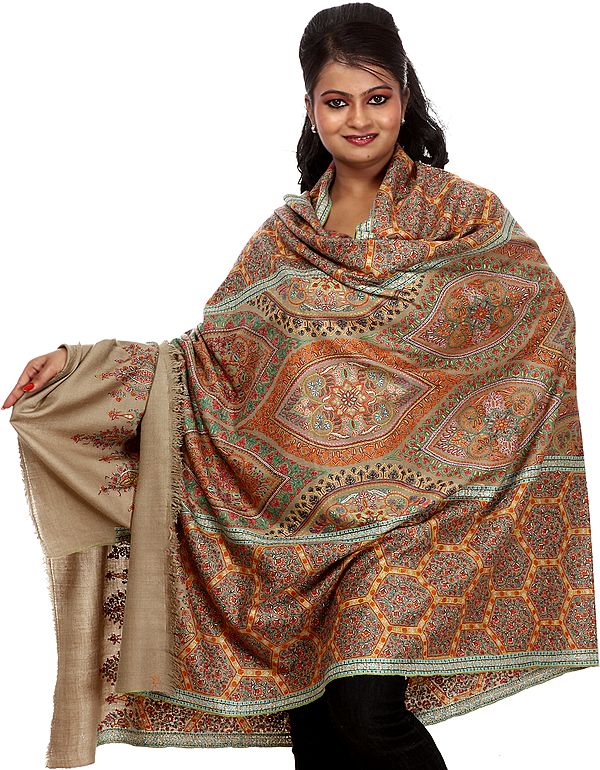 Khaki Pure-Pashmina Shawl with All-Over Dense Embroidery by Hand