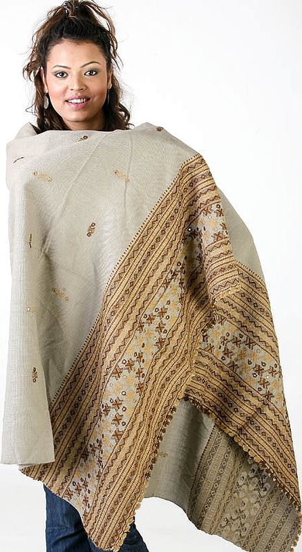 Khaki Shawl from Kutchh with Threadwork and Mirrors