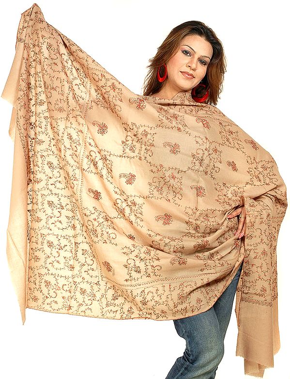 Khaki Shawl with All-Over Sozni Embroidery by Hand