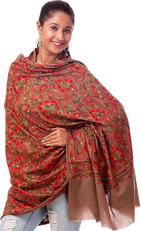Khaki Shawl with Dense Aari Embroidery All-Over