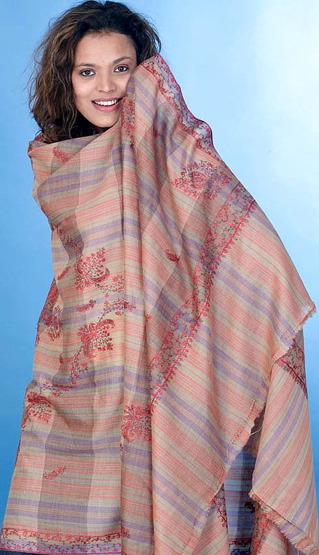 Khaki Shawl with Hand Needle Embroidery and Woven Stripes