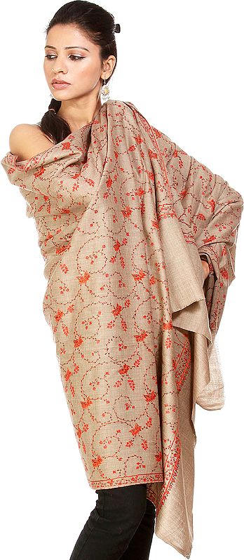 Khaki Shawl with Needle Embroidery All-Over