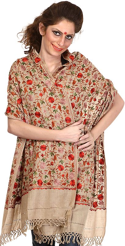 Khaki Stole From Amritsar with Aari Embroidered Flowers and Paisleys