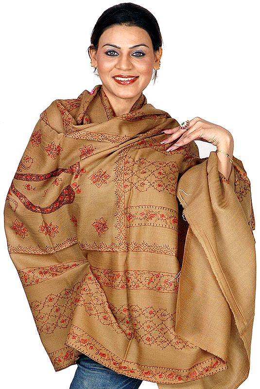 Khaki Tusha Shawl with All-Over Sozni Embroidery