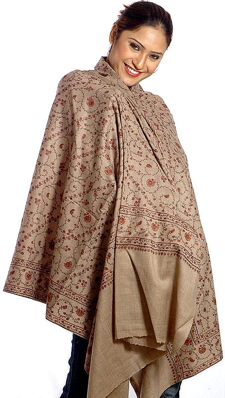 Khaki Tusha Shawl with All-Over Sozni Embroidery by Hand