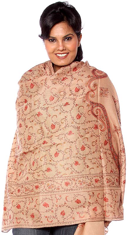 Khaki Tusha Shawl with Jafreen Jaal Embroidery