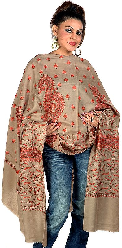 Khaki Tusha Shawl with Sozni Embroidery All-Over