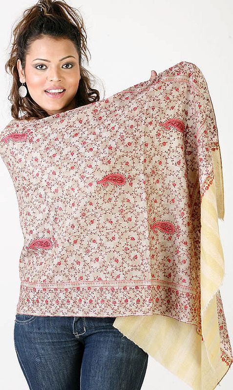 Khaki Tusha Stole with Checks in Self Hand-Embroidered in Kashmir