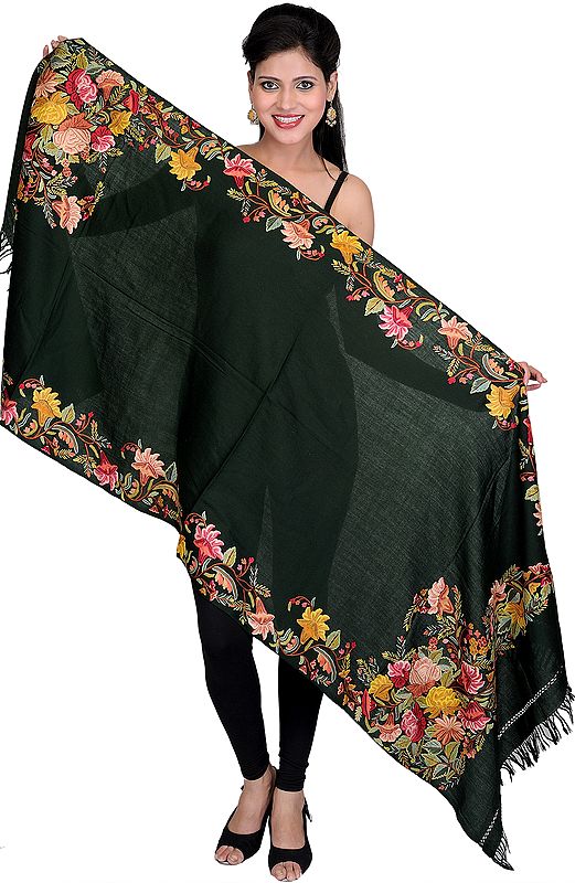 Kombu-Green Stole from Kashmir with Hand Embroidered Flowers on Border
