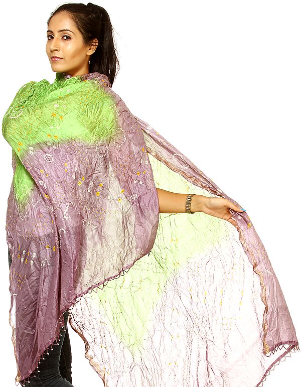 Lavender and Green Bandhani Tie-Dye Stole from Gujarat