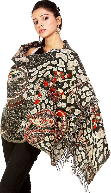 Leopard-Skin Jamawar Stole with Aari Embroidery