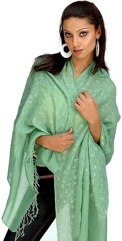 Light Sea-Green Angorra Stole with Jall-Embroidery
