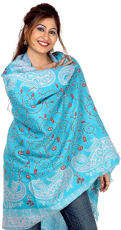 Light-Blue Jamawar Shawl with All-Over Needle Stitch Embroidery