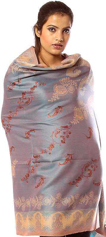 Light-Blue Jamawar Shawl with All-Over Needle Stitch Embroidered Paisleys and Woven Leaves