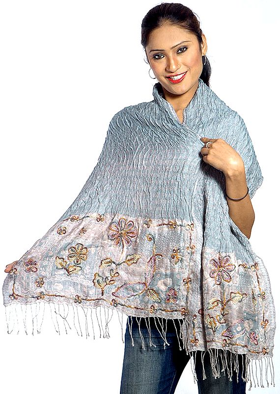 Light-Blue Scarf with Floral Embroidery