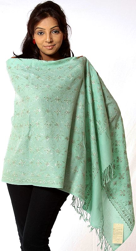 Light-Green Aari Stole with Self-Colored Embroidery and Crystals
