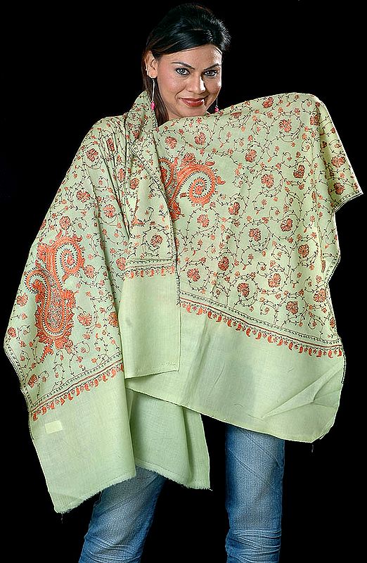 Light-Green Tusha Stole with All-Over Sozni Embroidery