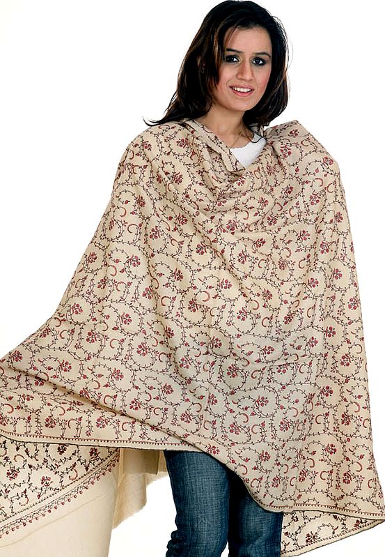 Light-Khaki Tusha Shawl with All-Over Jafreen Jaal Embroidery