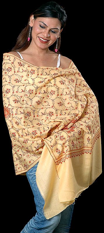 Light-Yellow Tusha Stole with All-Over Sozni Embroidery