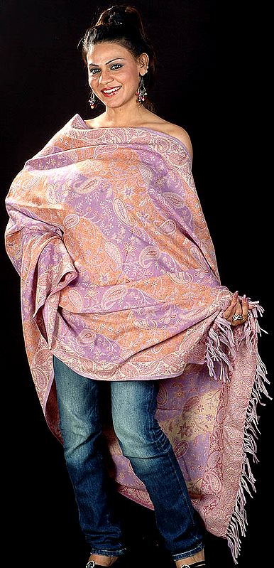 Lilac and Orange Double-Sided Jamawar Shawl with All-Over Woven Paisleys