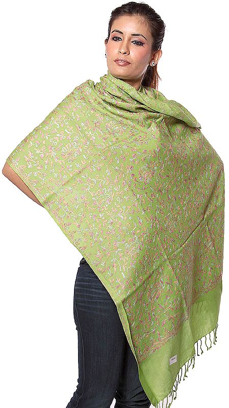 Lime-Green Stole with All-Over Crewel Embroidery