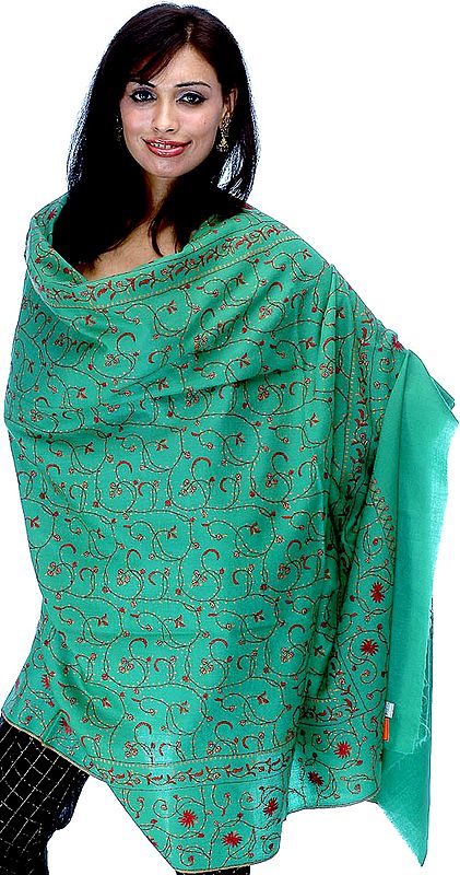 Lime-Green Tusha Shawl with All-Over Jafreen Jaal Embroidery